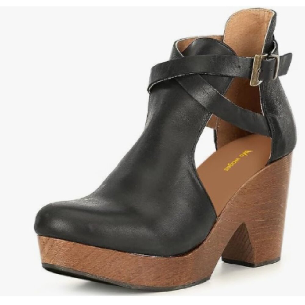 Women's Black Leather Cutout Platform Ankle Bootie